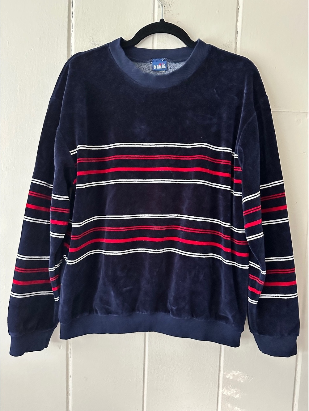 Vintage 80s MIS Striped Velour Sweatshirt Navy Red Crewneck Retro Size Large
